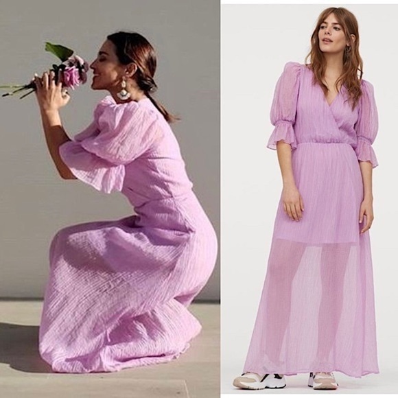 H&M Lilac Puff Short Sleeve Ruffle V-Neck Wrap Top Sheer Crinkle Maxi Dress XS - Picture 1 of 16